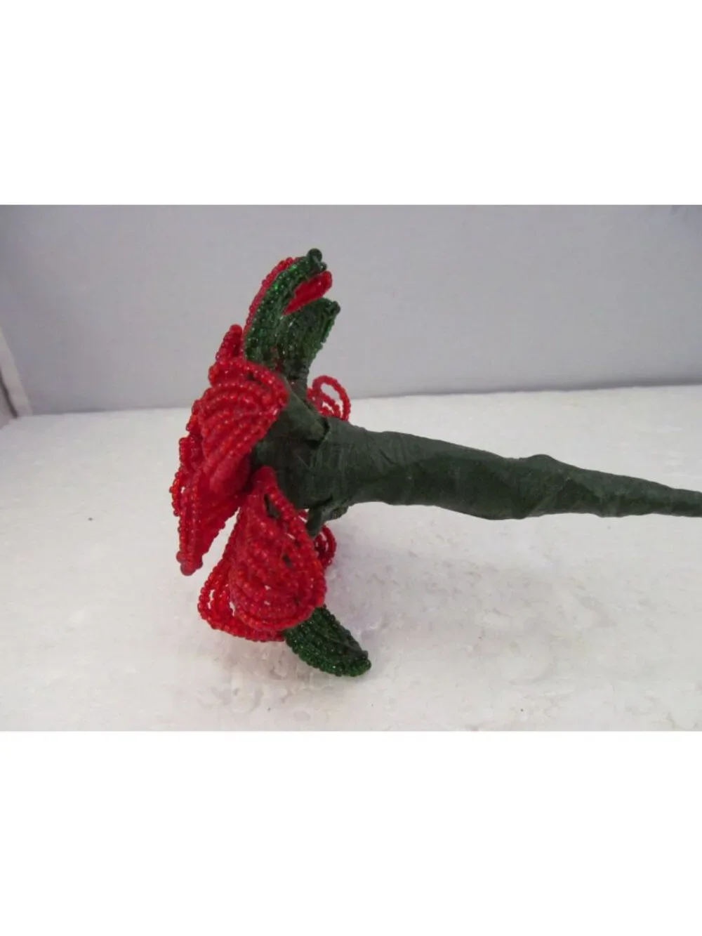 Handcrafted Red & Green French Beaded Flower with Stem Home Decor Gift 11 inch